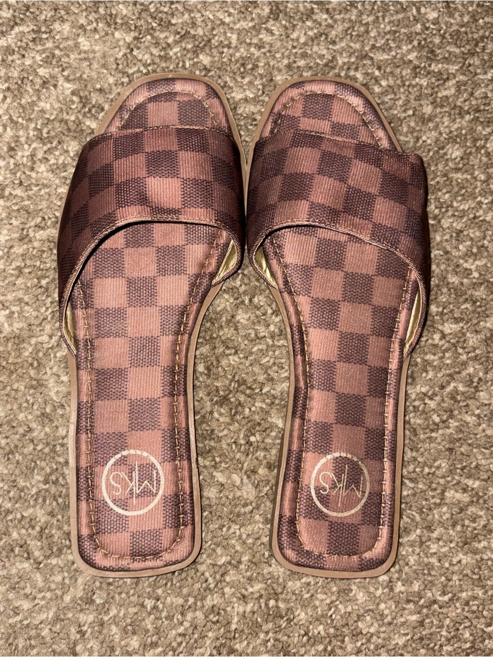 Womens Brown Checkered Slide Mules
